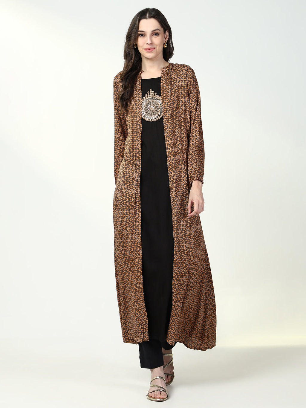 Women's Black Solid A Line Kurta with Coat