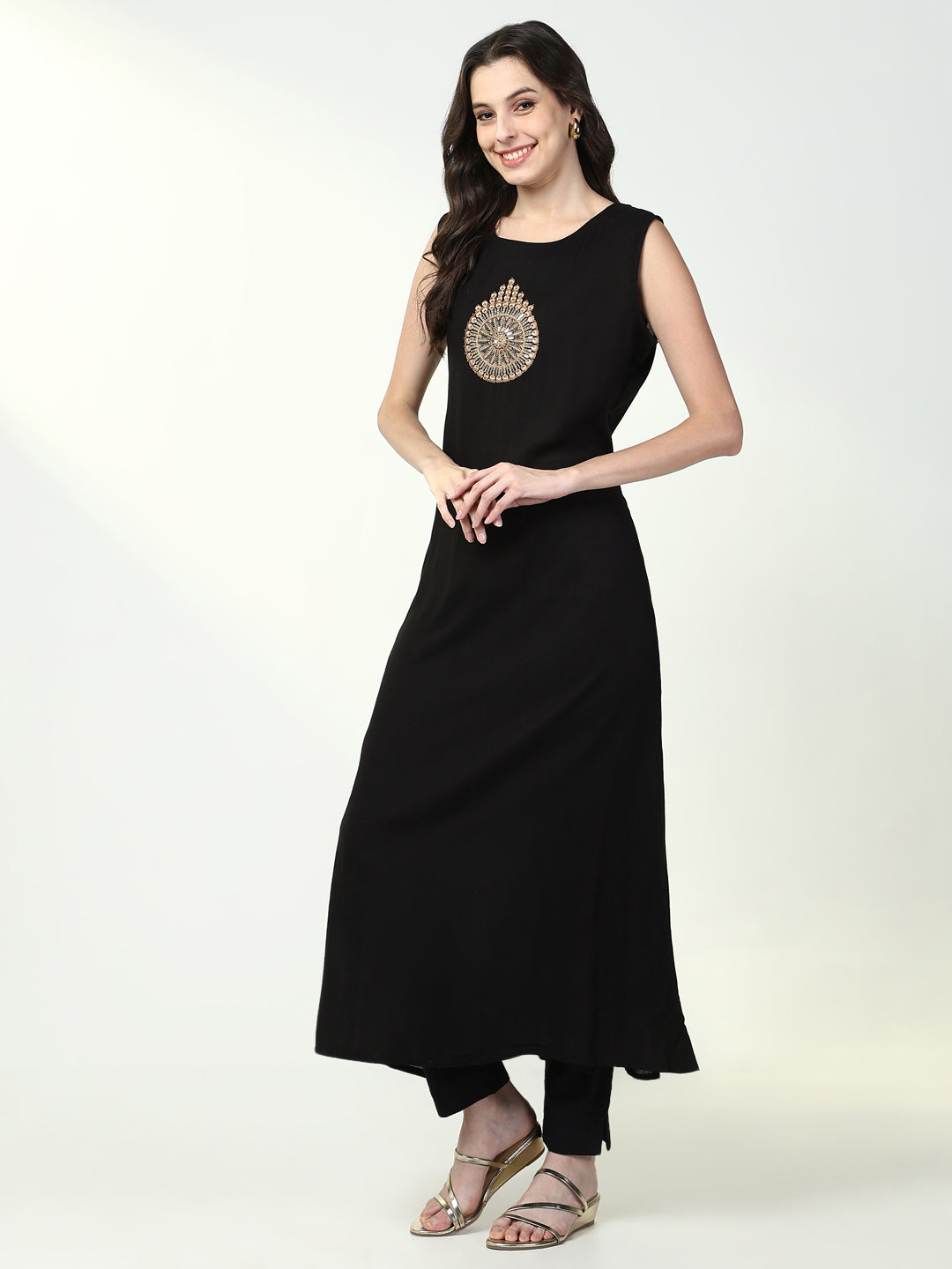 Women's Black Solid A Line Kurta with Coat