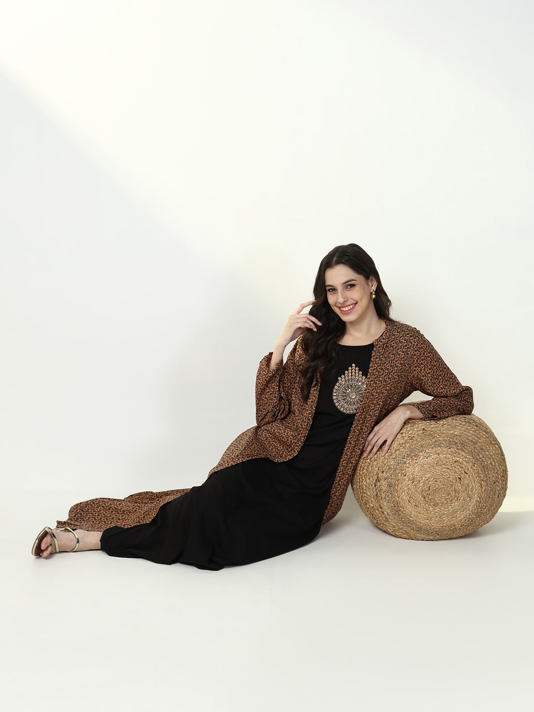 Women's Black Solid A Line Kurta with Coat
