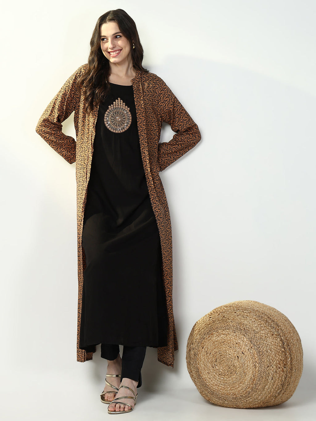 Women's Black Solid A Line Kurta with Coat