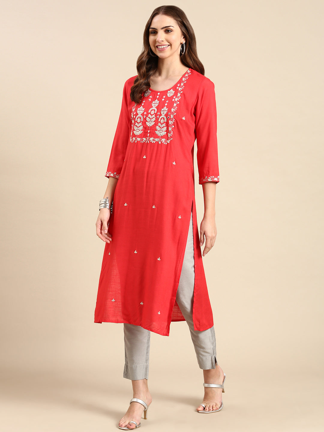 Women's Coral Embroidered Straight Cotton Straight Kurta