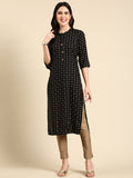 Women's Black Mandarin Collar Ethnic Motifs Printed Straight Kurta