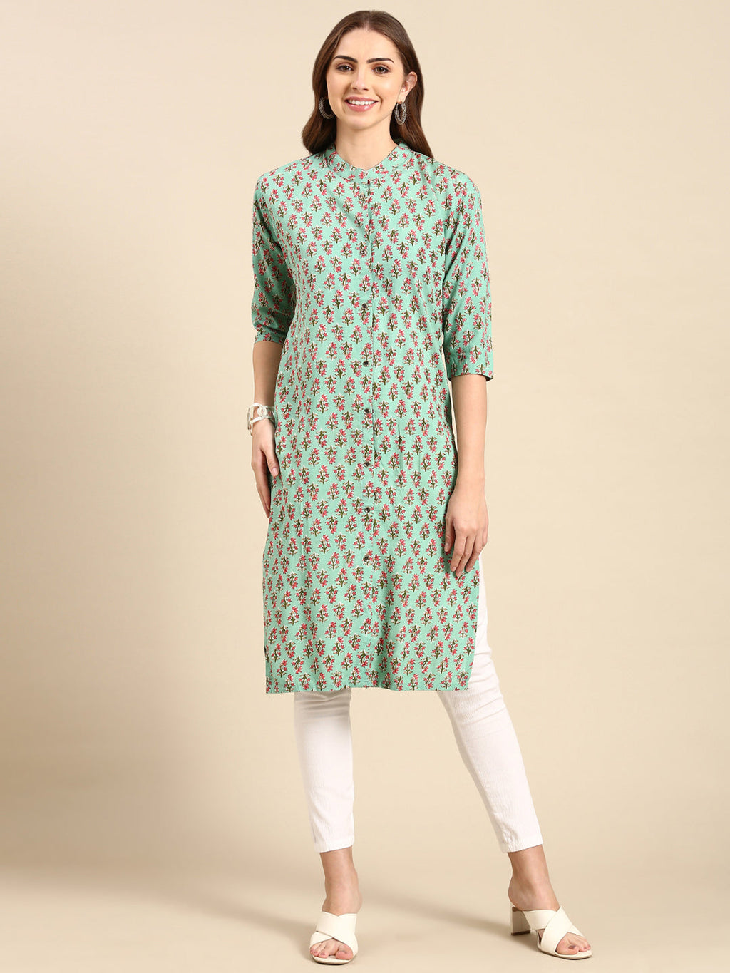 Women's Sea Green Floral Printed Band Collar Straight Kurta