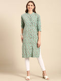 Women's Sea Green Floral Printed Band Collar Straight Kurta