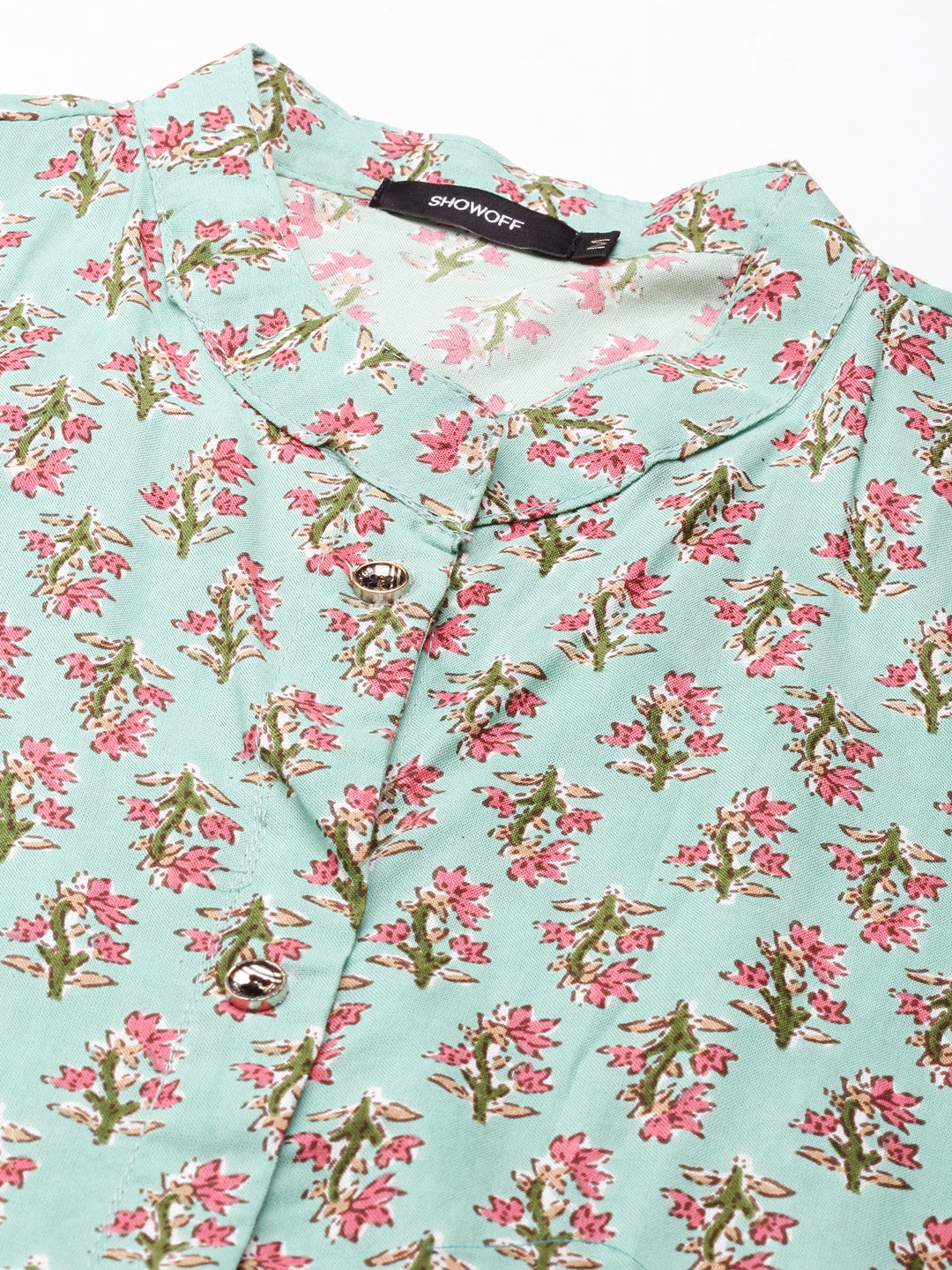 Women's Sea Green Floral Printed Band Collar Straight Kurta