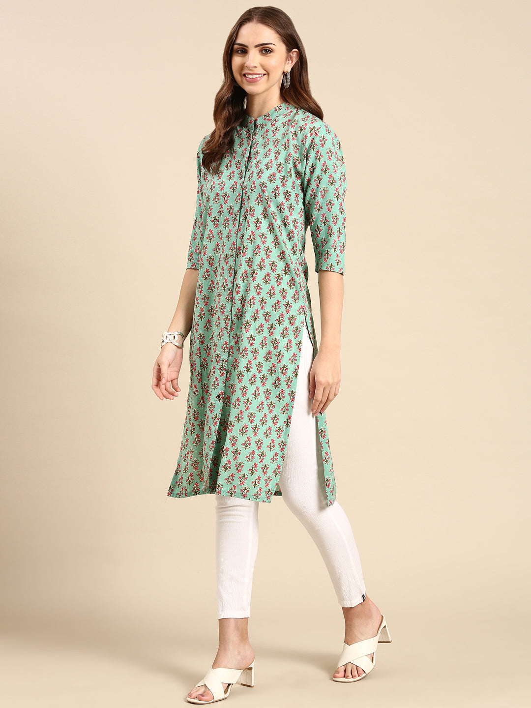Women's Sea Green Floral Printed Band Collar Straight Kurta