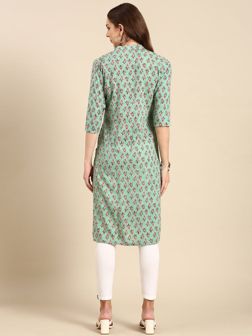 Women's Sea Green Floral Printed Band Collar Straight Kurta