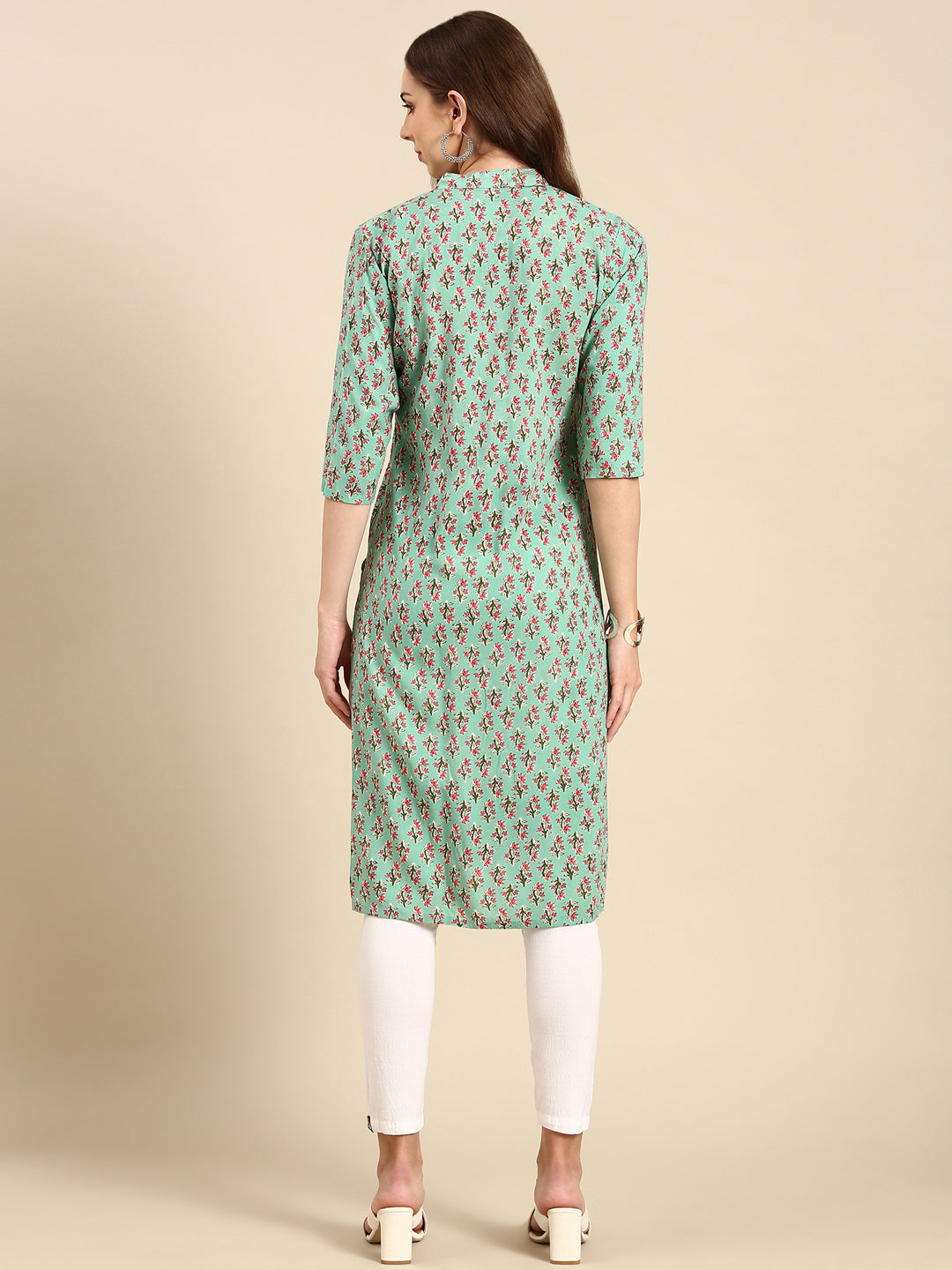 Women's Sea Green Floral Printed Band Collar Straight Kurta