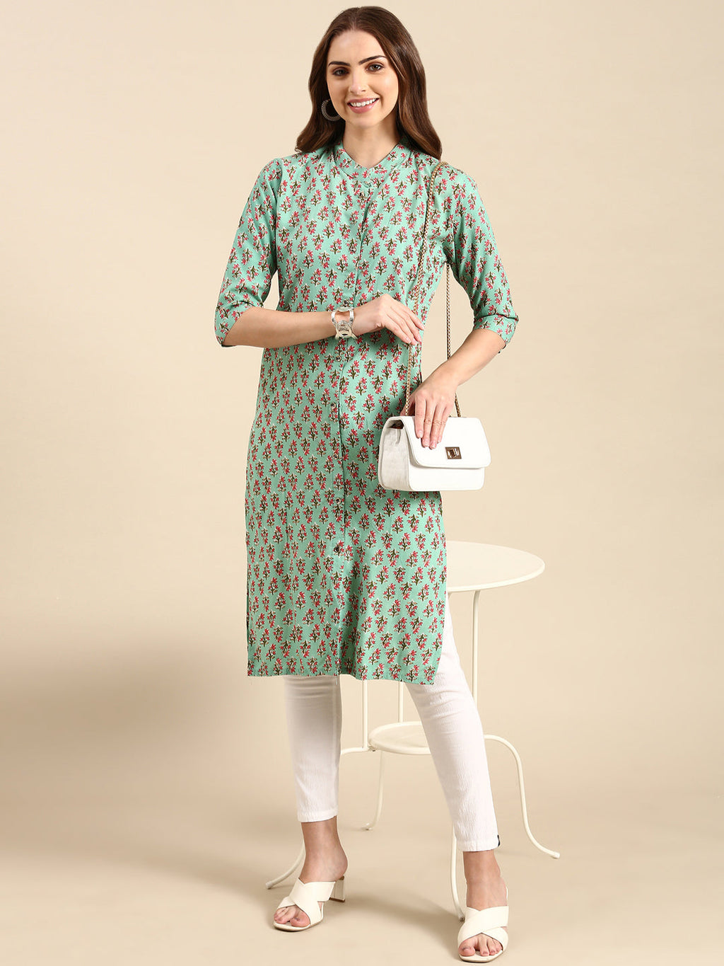 Women's Sea Green Floral Printed Band Collar Straight Kurta