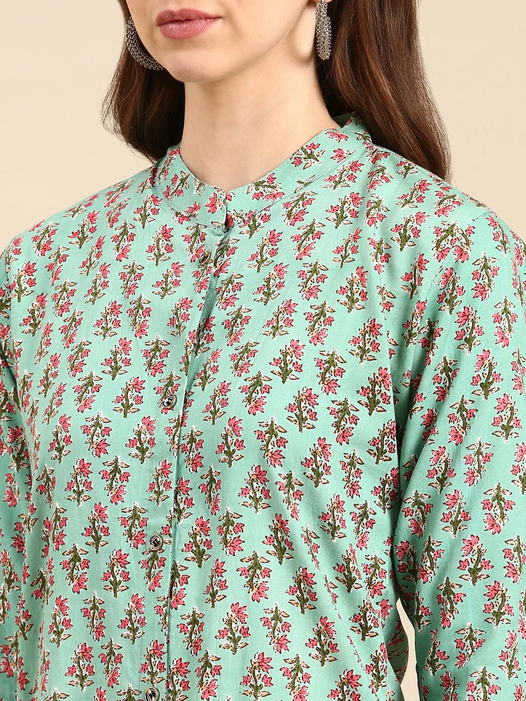 Women's Sea Green Floral Printed Band Collar Straight Kurta