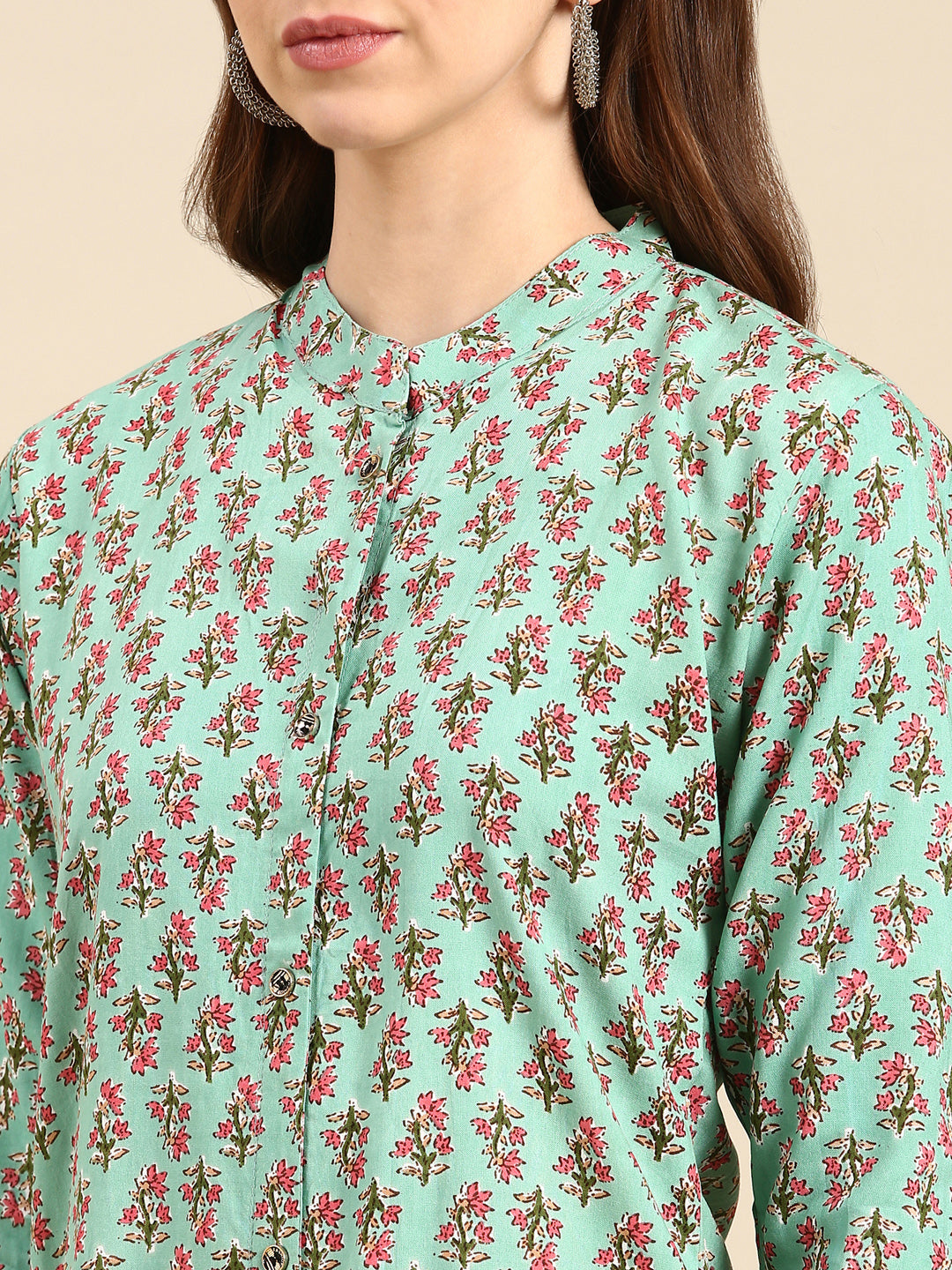 Women's Sea Green Floral Printed Band Collar Straight Kurta