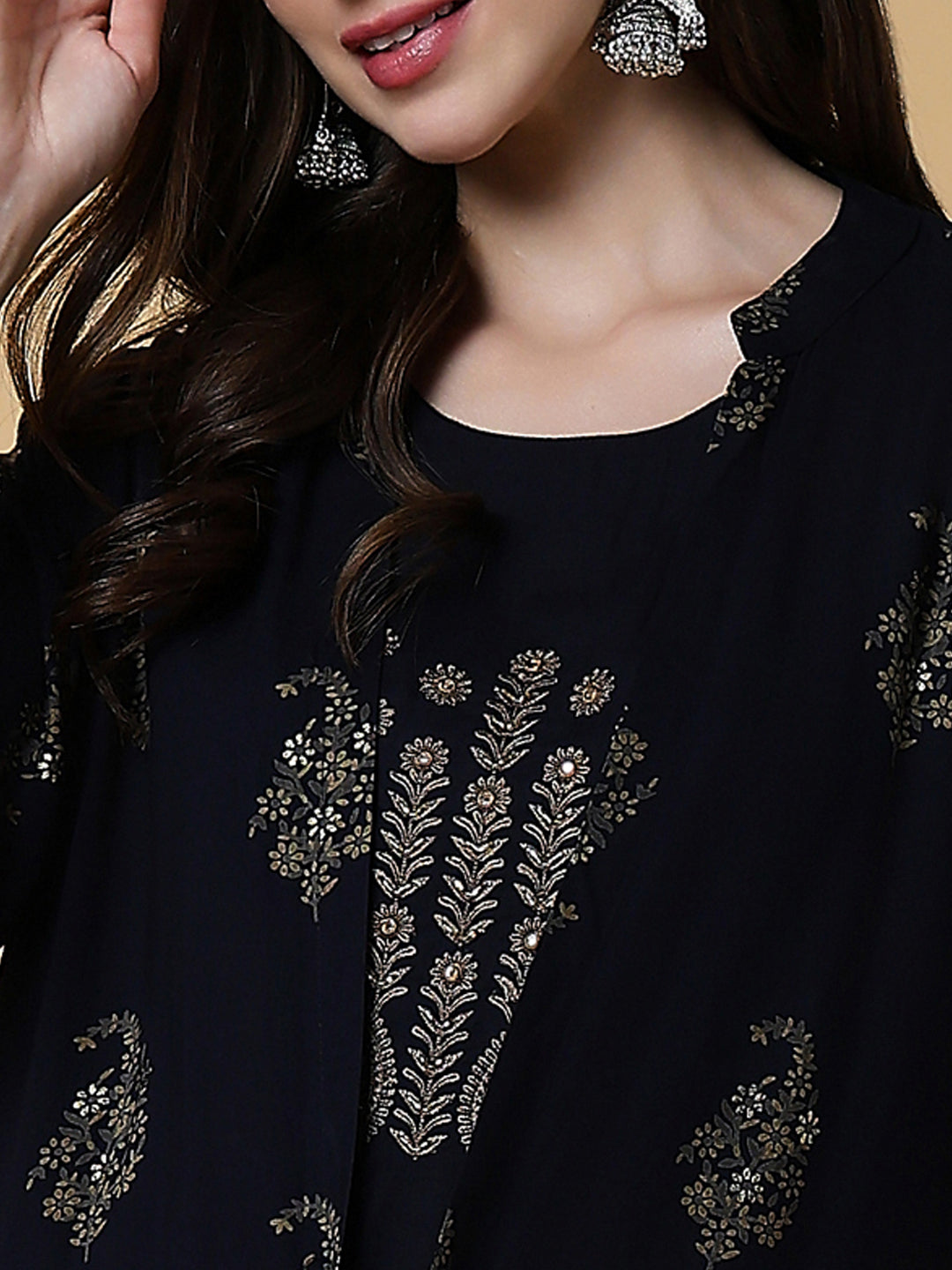 Women's Navy Blue Graphic A-Line Kurta with Shrug