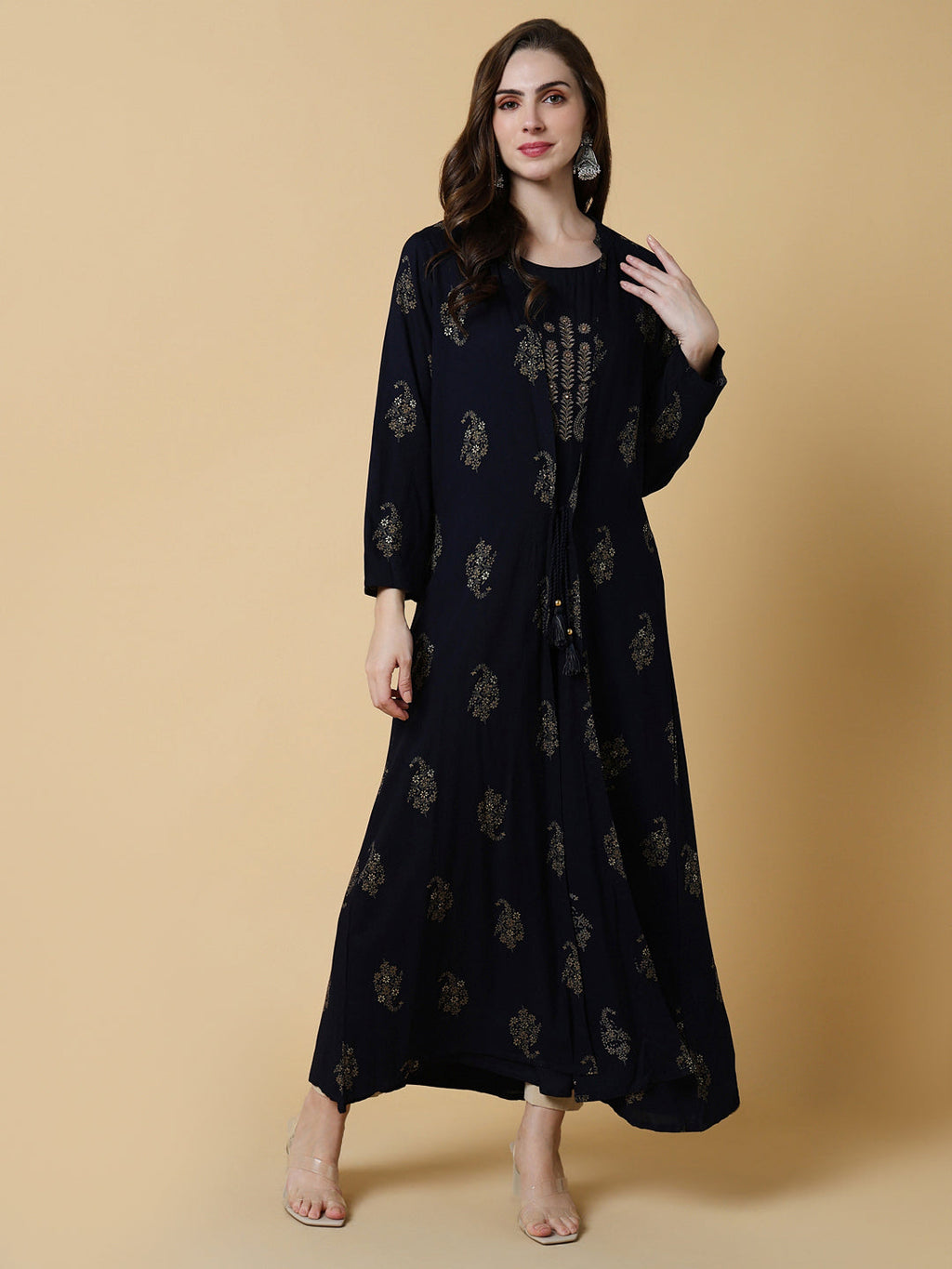 Women's Navy Blue Graphic A-Line Kurta with Shrug