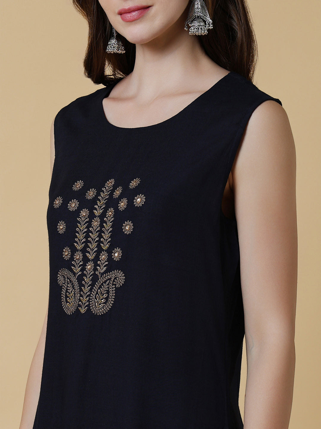 Women's Navy Blue Graphic A-Line Kurta with Shrug