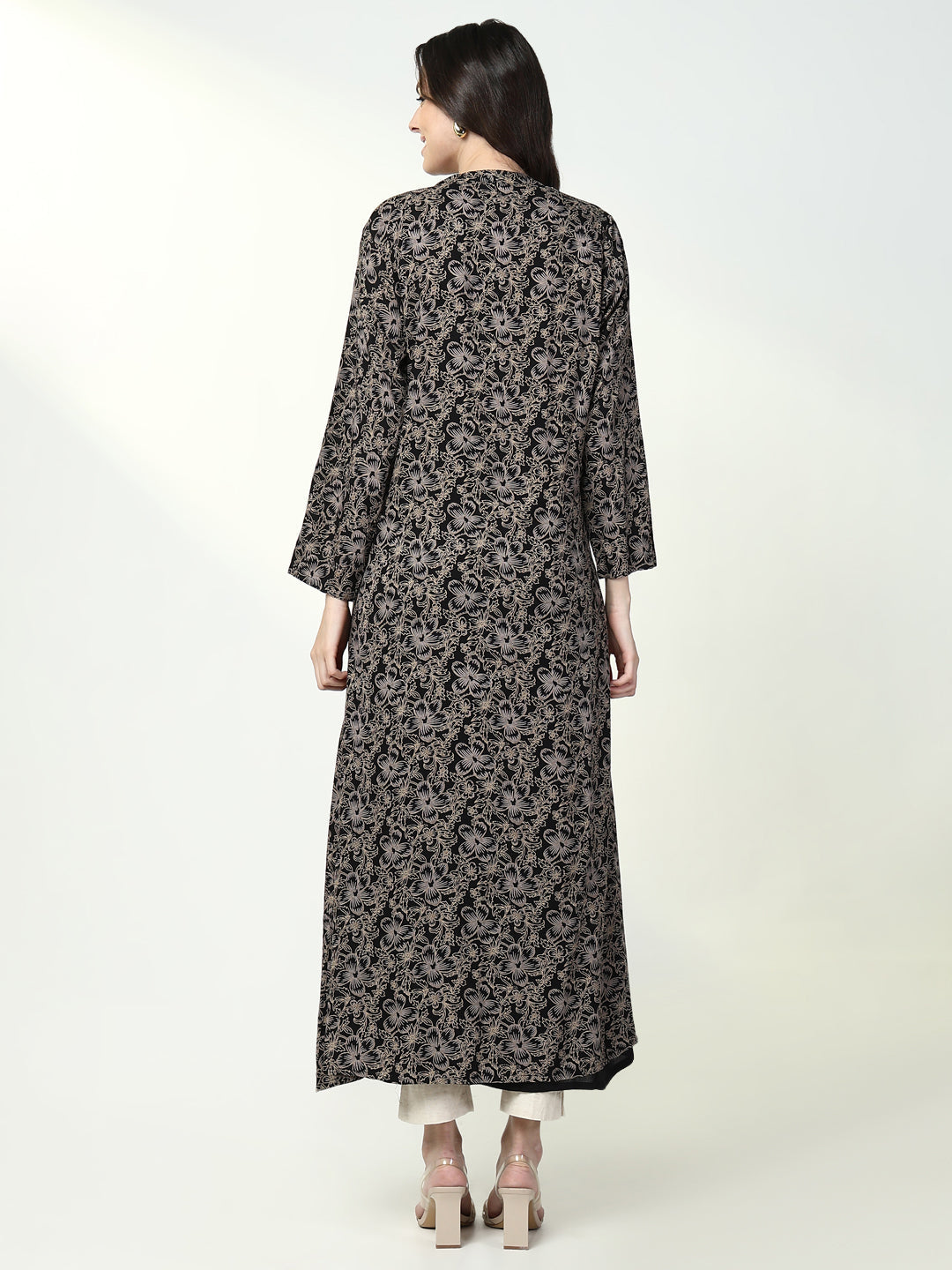 Women's Solid Black A-Line Kurta with Coat