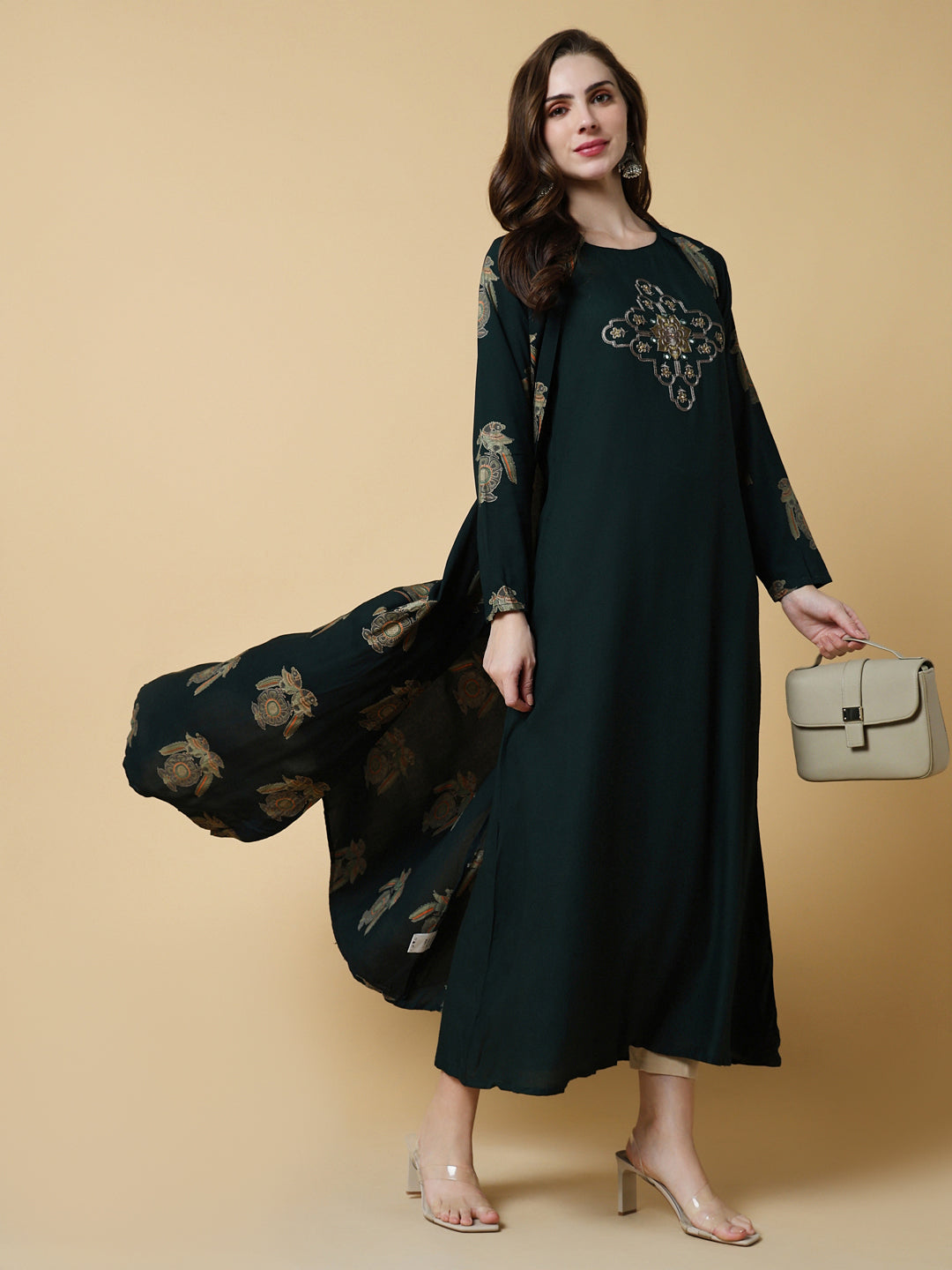 Women's Green Graphic A-Line Kurta with Shrug