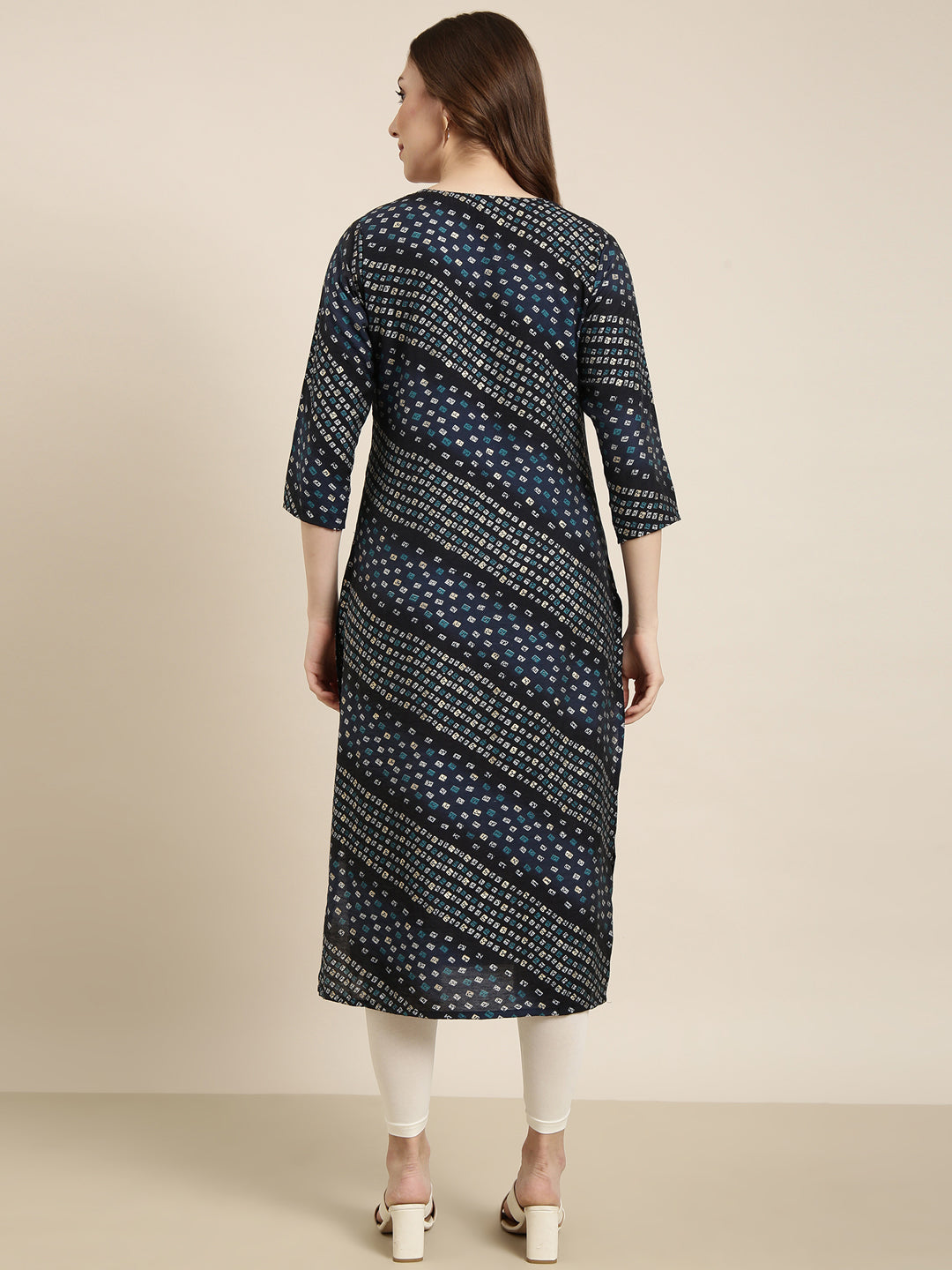 Women's Straight Navy Blue Bandhani Kurta