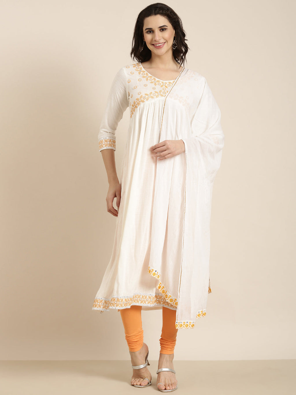 Women's Ethnic Straight Off White Solid Kurta Sets with Dupatta