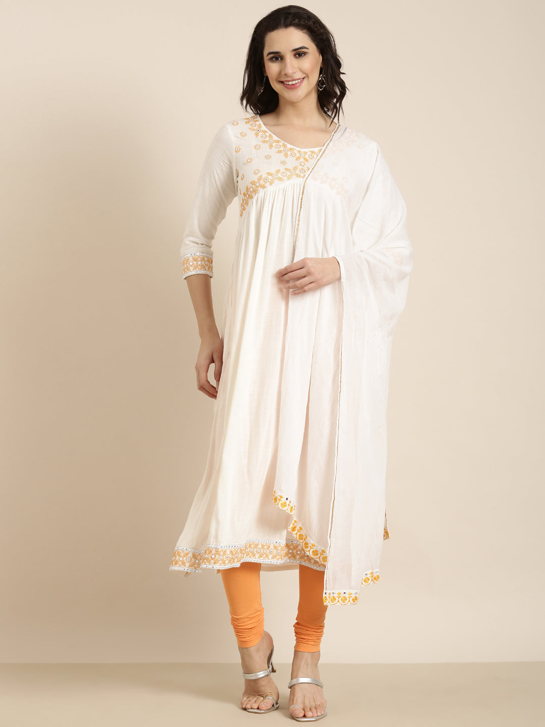 Women's Ethnic Straight Off White Solid Kurta Sets with Dupatta