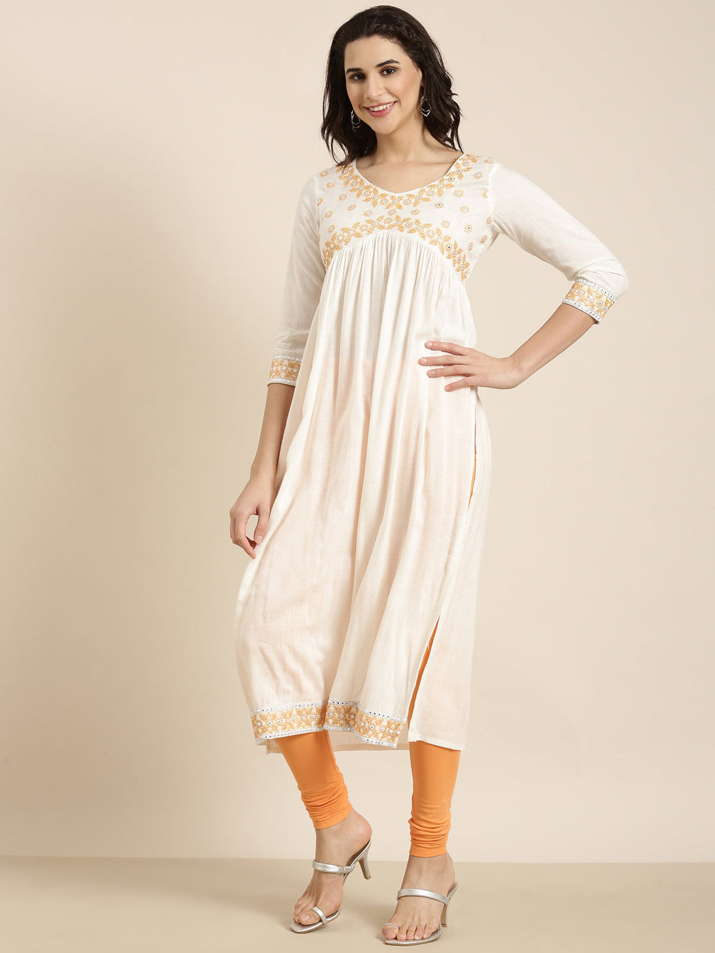 Women's Ethnic Straight Off White Solid Kurta Sets with Dupatta