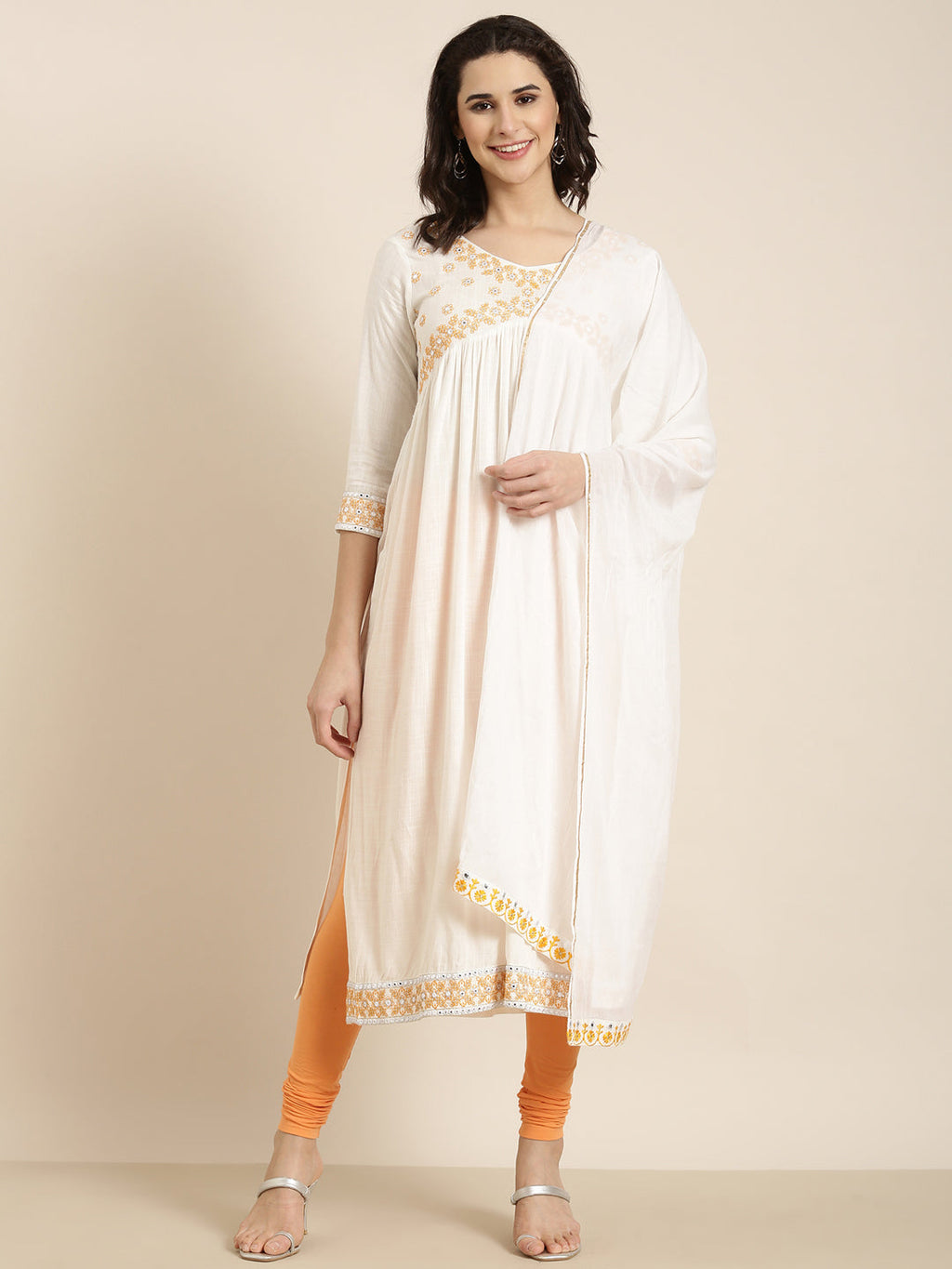 Women's Ethnic Straight Off White Solid Kurta Sets with Dupatta