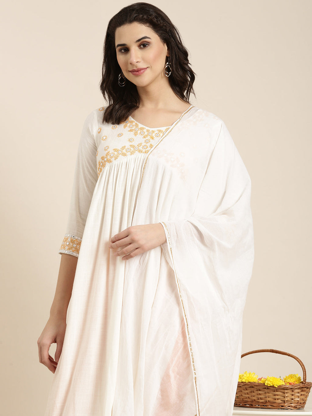 Women's Ethnic Straight Off White Solid Kurta Sets with Dupatta