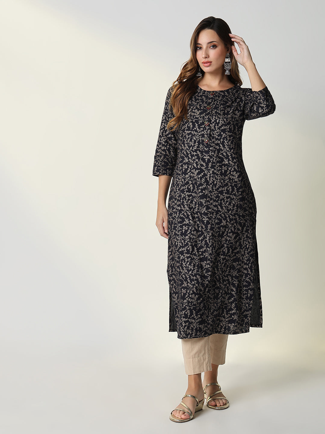 Women's Navy Blue Graphic Straight Kurta