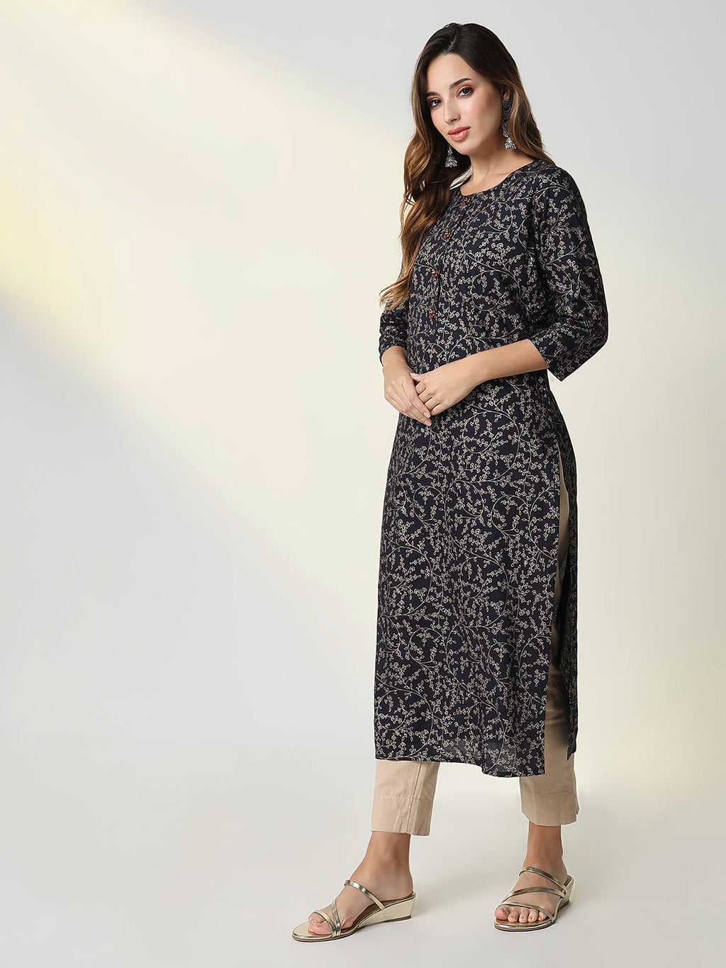 Women's Navy Blue Graphic Straight Kurta