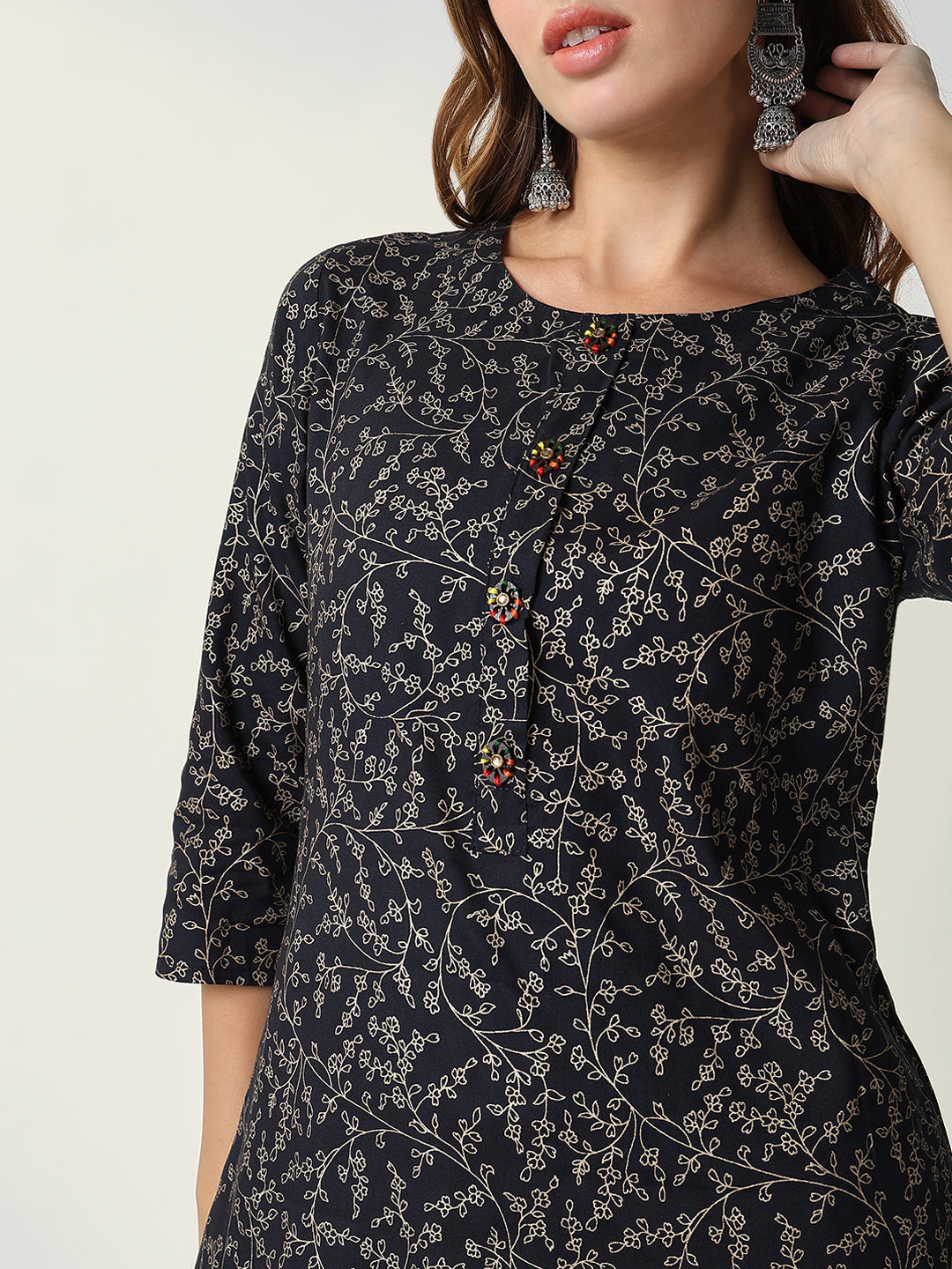 Women's Navy Blue Graphic Straight Kurta