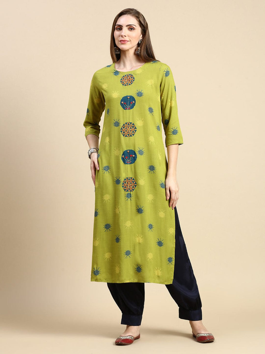 Women's Abstract Green Straight Kurta