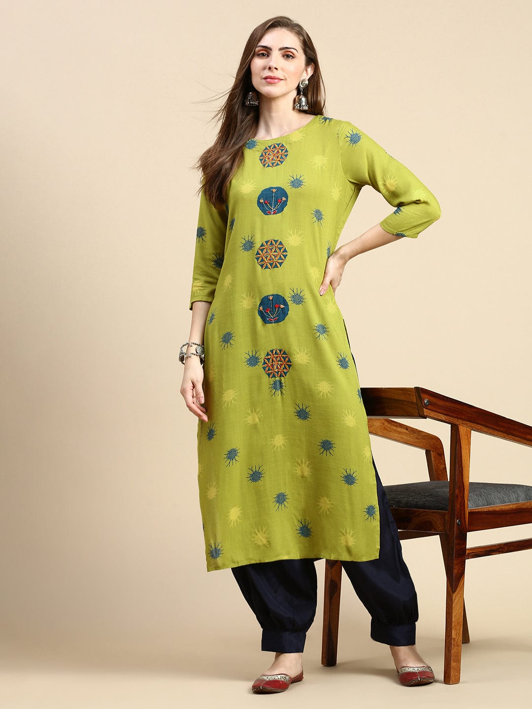 Women's Abstract Green Straight Kurta