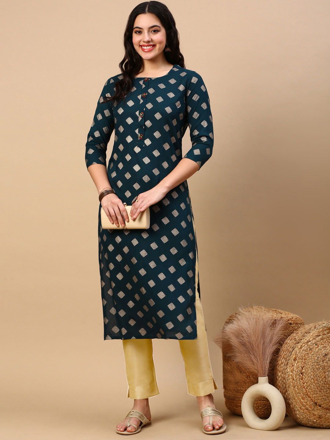 Women's Teal Graphic Straight Kurta