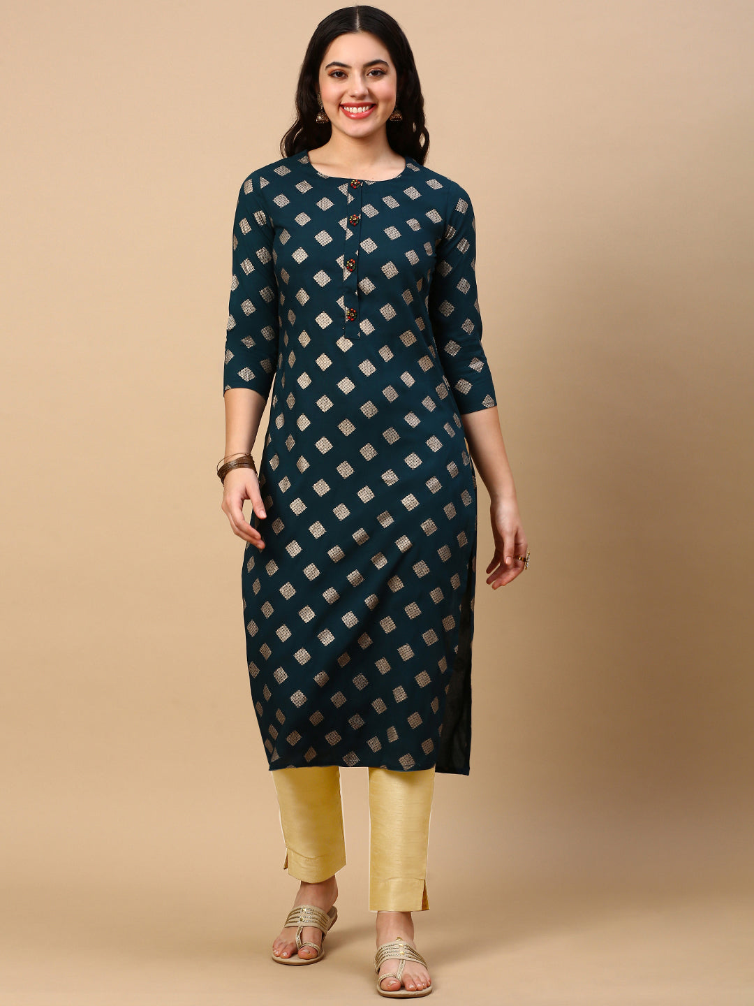Women's Teal Graphic Straight Kurta