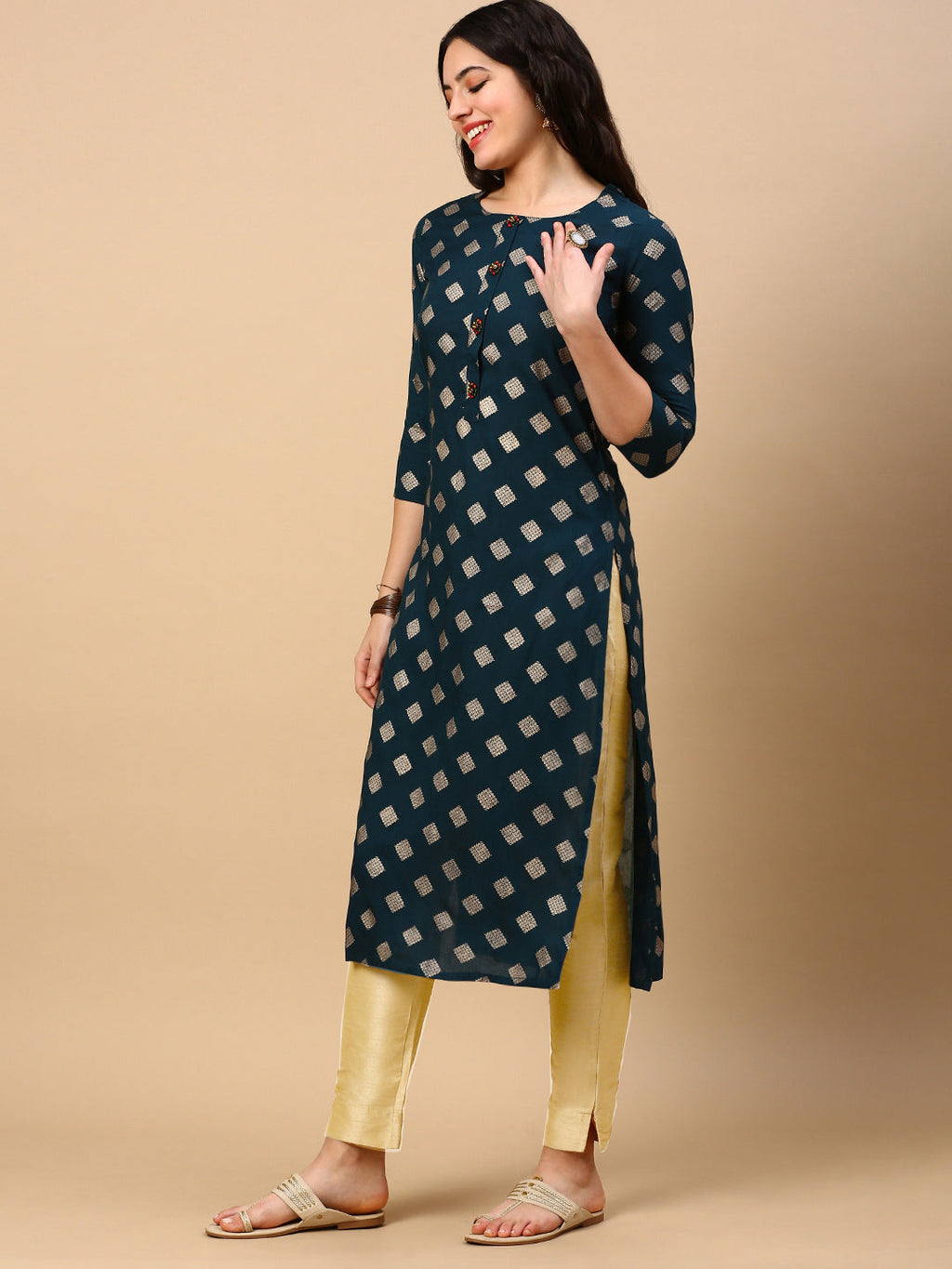 Women's Teal Graphic Straight Kurta