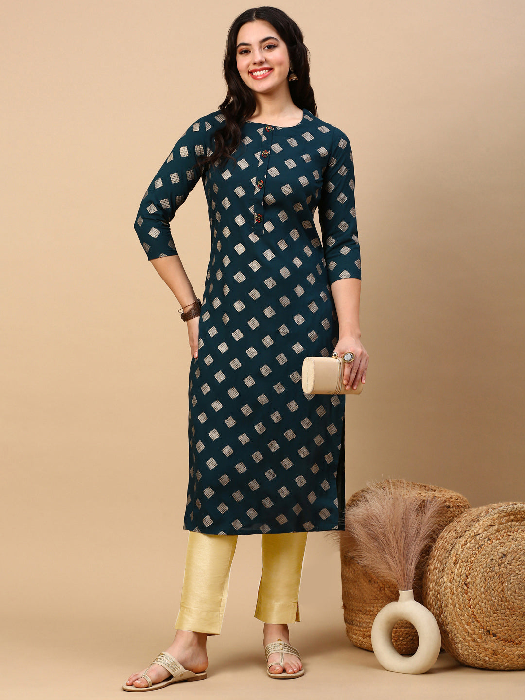 Women's Teal Graphic Straight Kurta