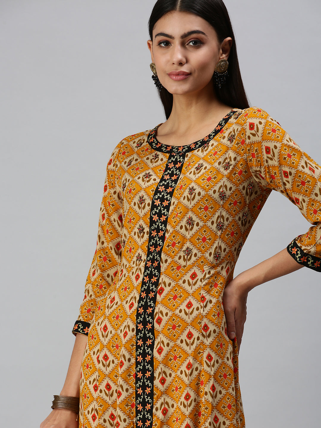 Women's Mustard Ethnic Motifs Printed Cotton Anarkali Kurta