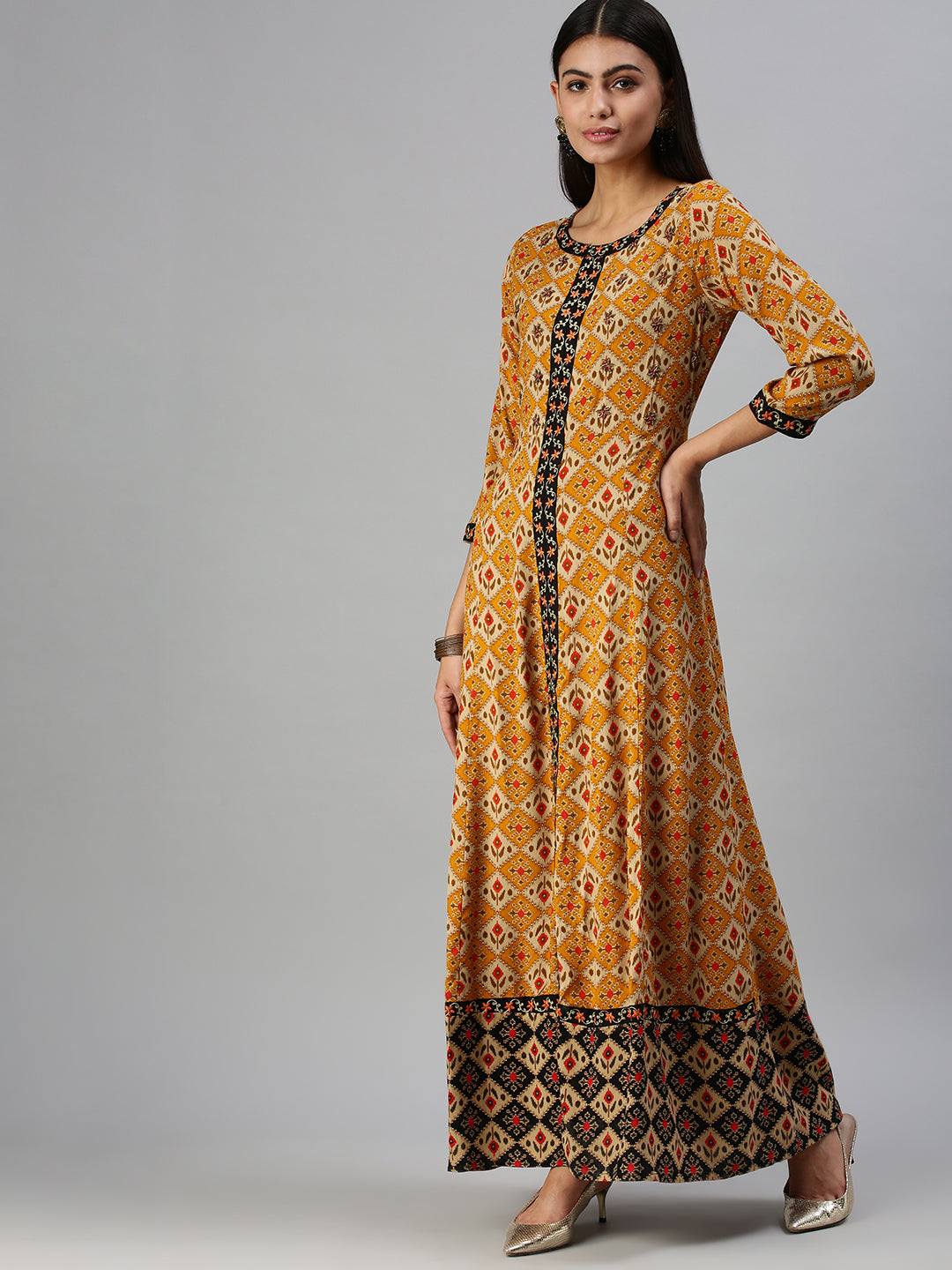 Women's Mustard Ethnic Motifs Printed Cotton Anarkali Kurta