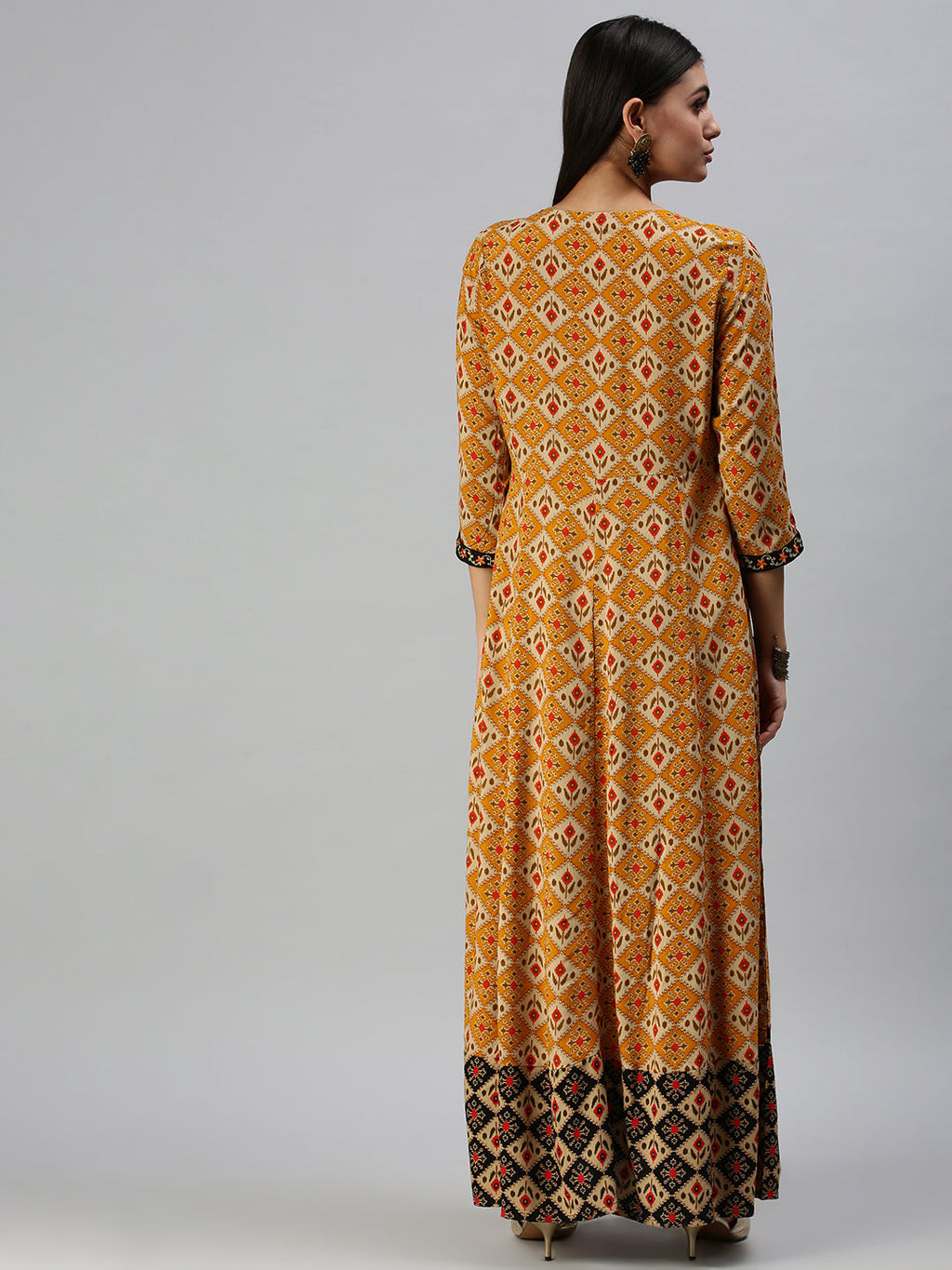 Women's Mustard Ethnic Motifs Printed Cotton Anarkali Kurta