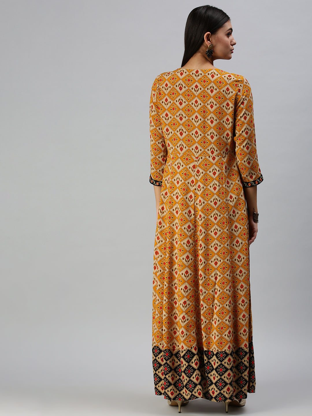 Women's Mustard Ethnic Motifs Printed Cotton Anarkali Kurta