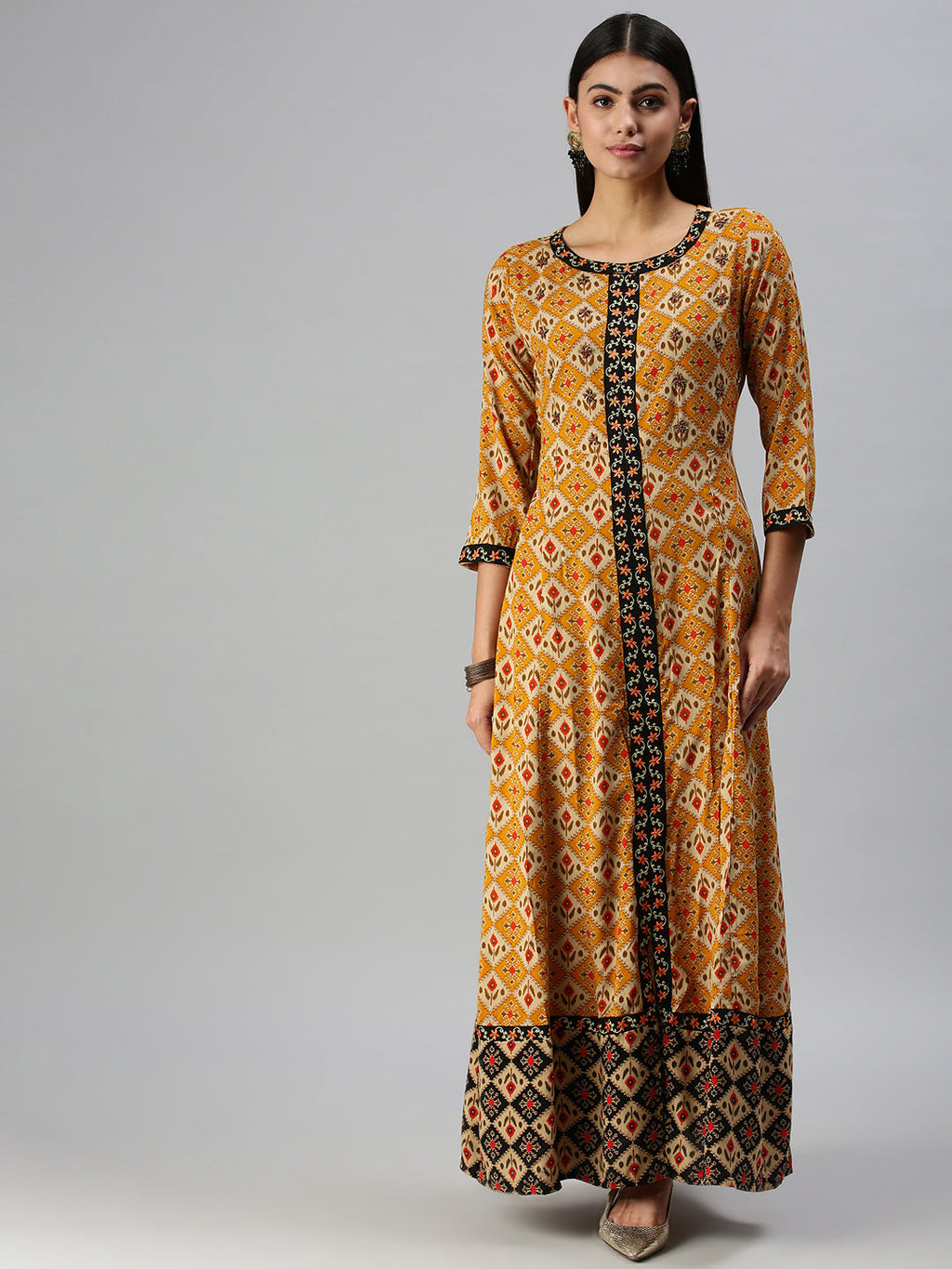Women's Mustard Ethnic Motifs Printed Cotton Anarkali Kurta