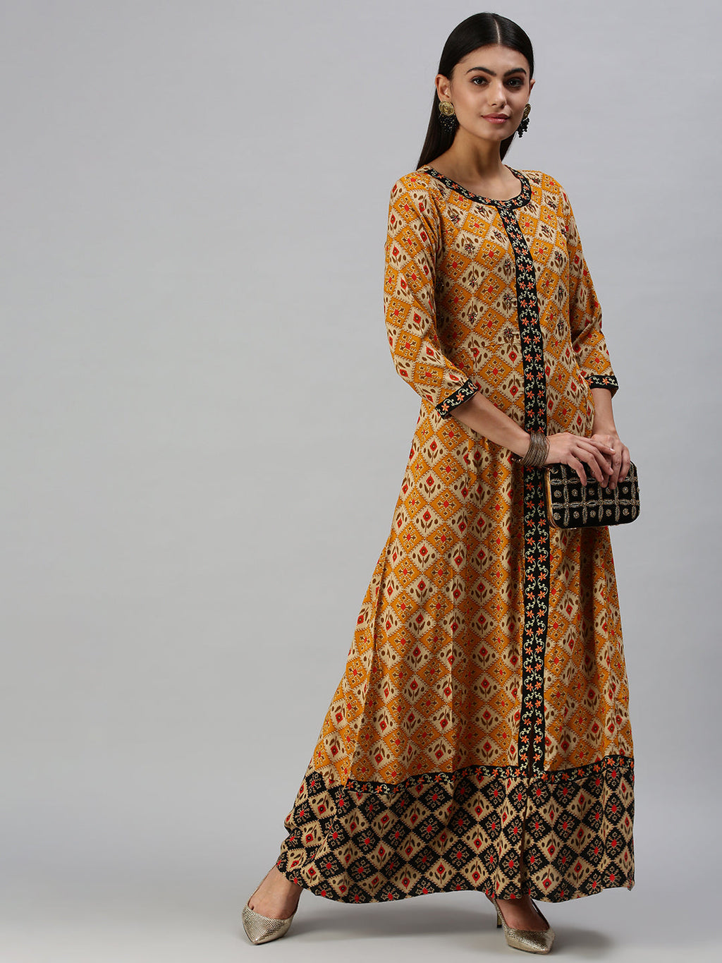 Women's Mustard Ethnic Motifs Printed Cotton Anarkali Kurta