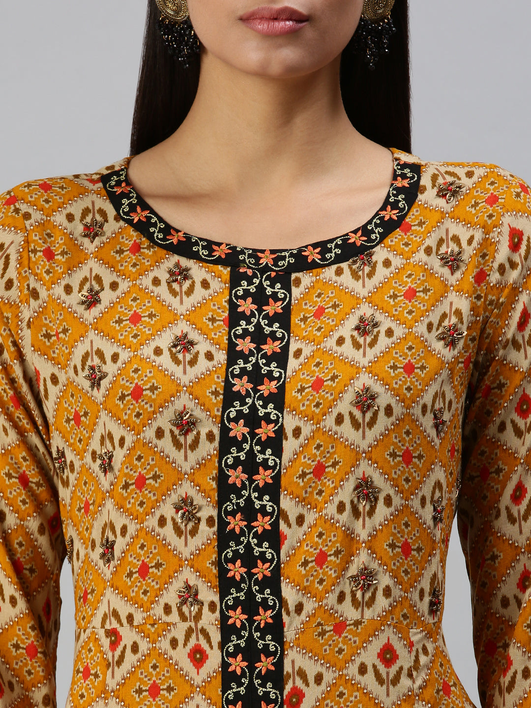 Women's Mustard Ethnic Motifs Printed Cotton Anarkali Kurta