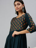Women's Blue Floral Printed Embroidered Thread Work Anarkali Kurta