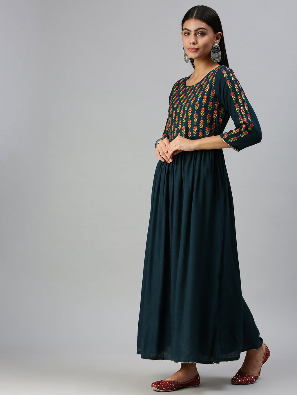 Women's Blue Floral Printed Embroidered Thread Work Anarkali Kurta