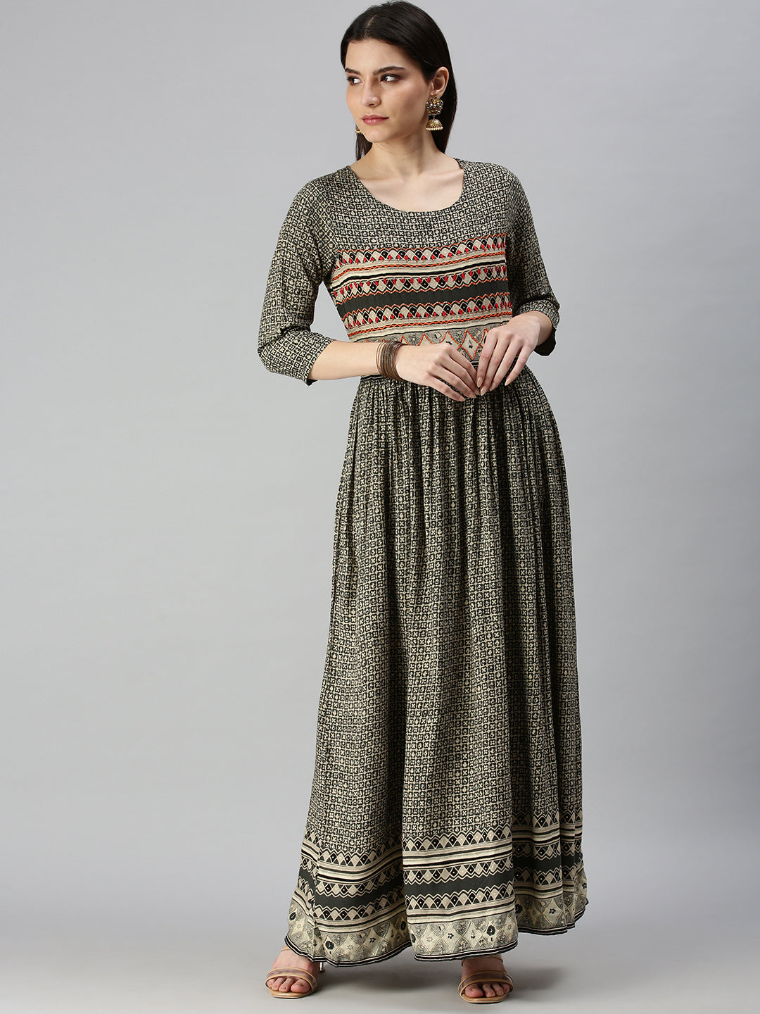 Women's Olive Ethnic Motifs Printed Anarkali Kurta