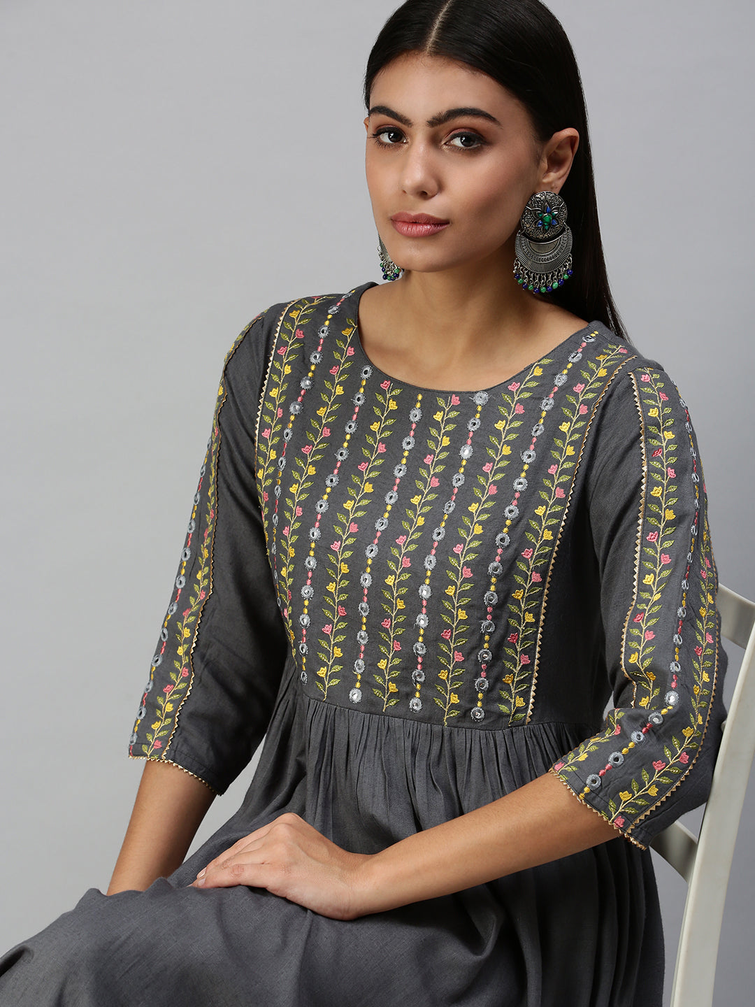 Women's Grey Ethnic Motifs Yoke Design Thread Work Anarkali Kurta