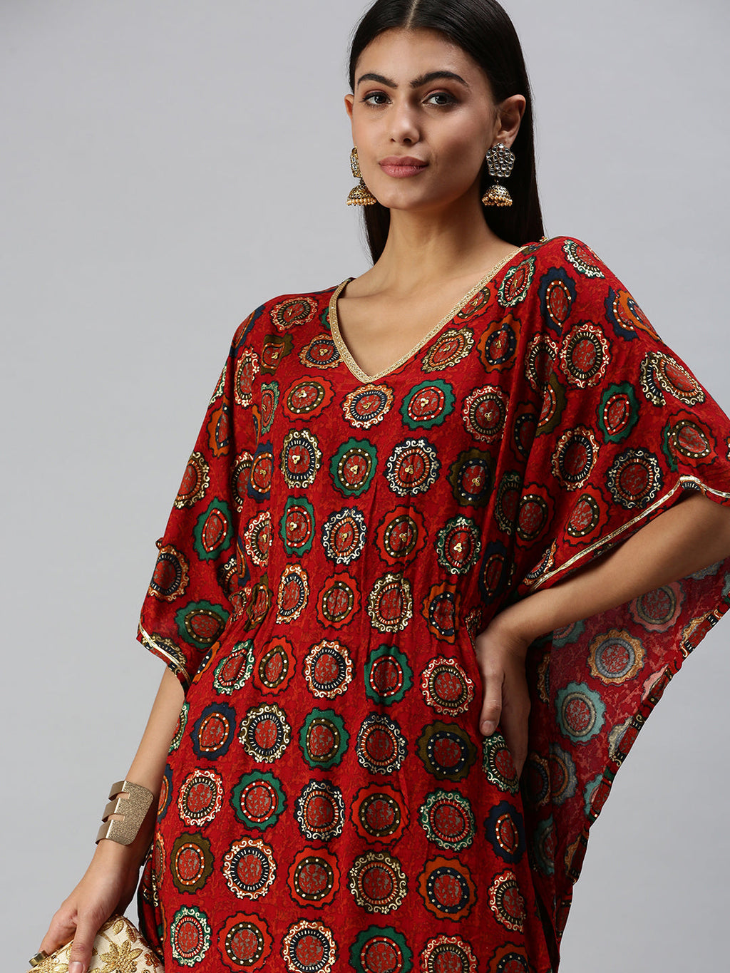 Women's Red Printed Gotta Patti Cotton Kaftan Kurta