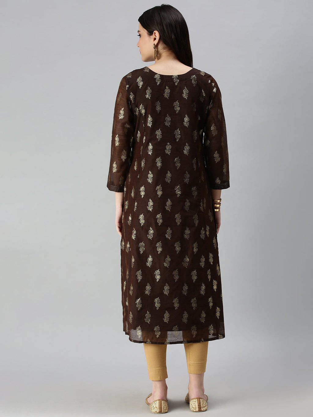 Women's Brown Golden Floral Printed Straight Kurta