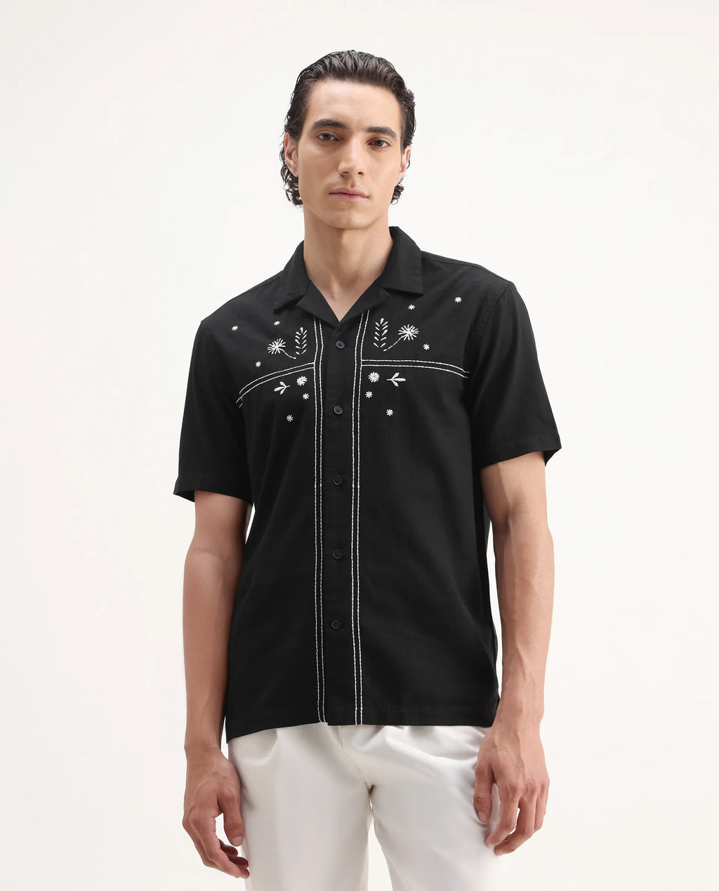 Rare Rabbit Men's Gwen Black Viscose Embroidered Boxy Fit Half Sleeve Cuban Collar Shirt