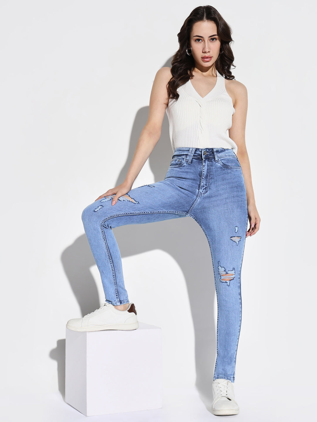 Women's Blue Comfort Skinny Fit Highly Distressed Light Fade Acid Wash Stretchable Jeans